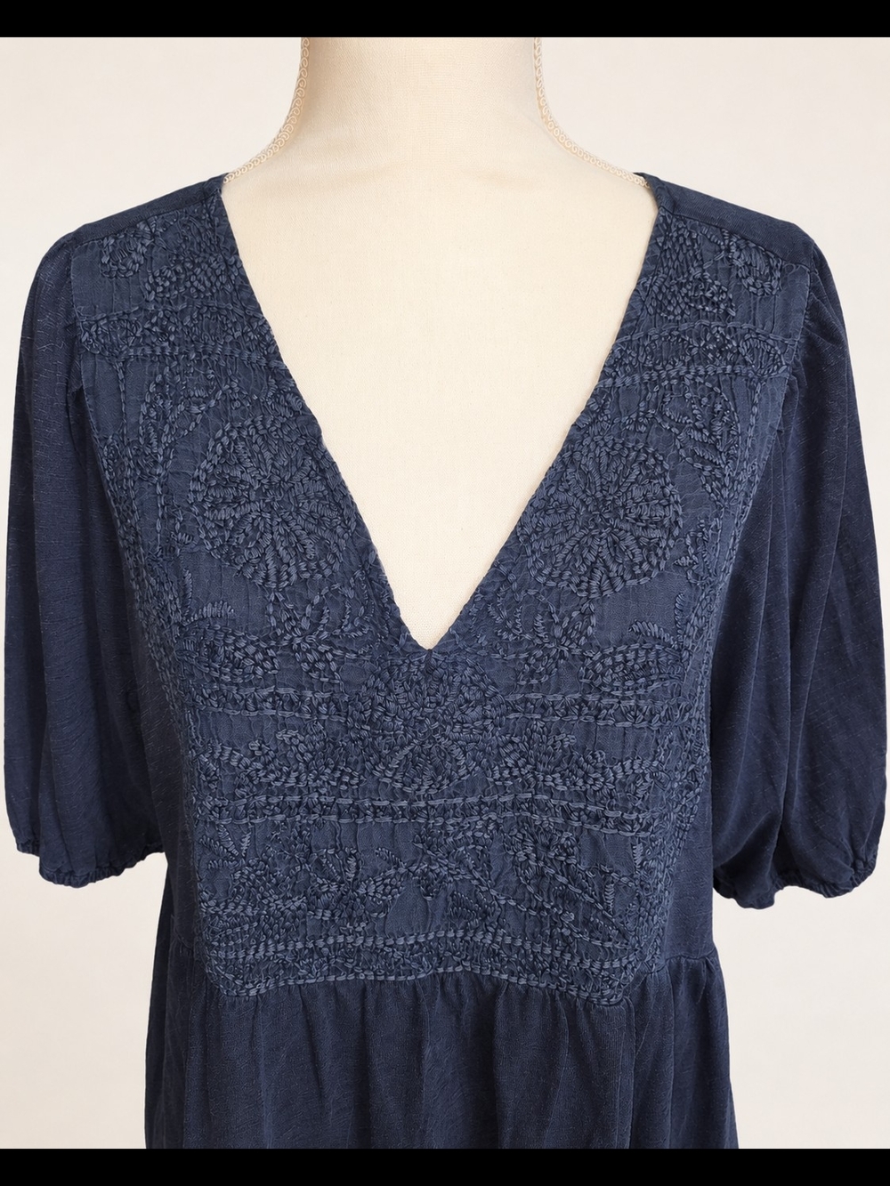 Lucky Brand Navy V-Neck Embroidered Peplum Blouse - Picture 5 of 7